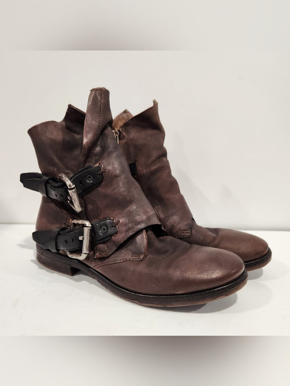 A.S.98 Boots Womens 39 US 8.5 9 Brown Leather Moto Biker Ankle Booties Buckle